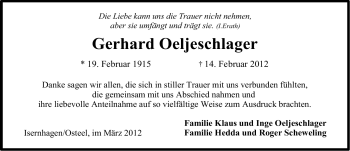 Traueranzeige von Gerhard Oeljeschlager von Ostfriesischer Kurier