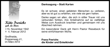 Traueranzeige von KÃ¤te Frerichs von Ostfriesischer Kurier
