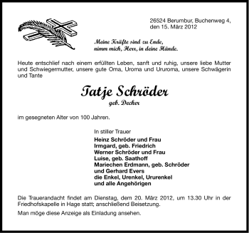 Traueranzeige von Tatje Schröder von Ostfriesischer Kurier