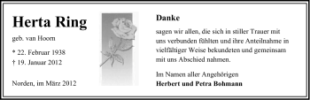 Traueranzeige von Herta Ring von Ostfriesischer Kurier