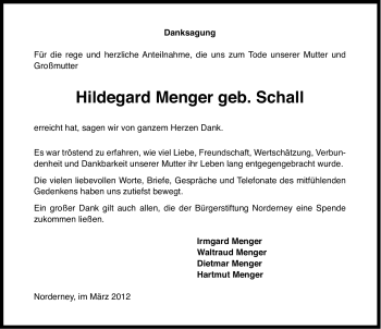 Traueranzeige von Hildegard Menger von Ostfriesischer Kurier