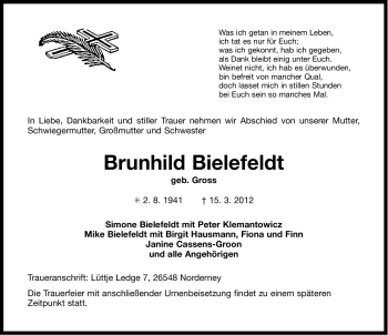 Traueranzeige von Brunhild Bielefeldt von Ostfriesischer Kurier