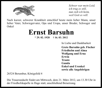 Traueranzeige von Ernst Barsuhn von Ostfriesischer Kurier