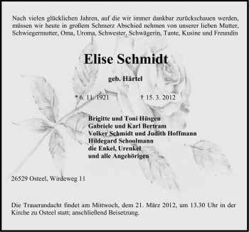 Traueranzeige von Elise Schmidt von Ostfriesischer Kurier
