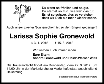 Traueranzeige von Larissa Sophie Gronewold von Ostfriesischer Kurier