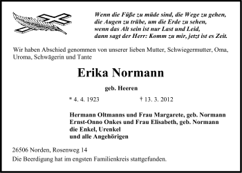 Traueranzeige von Erika Normann von Ostfriesischer Kurier