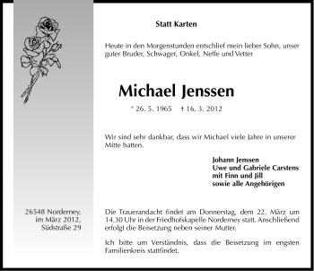 Traueranzeige von Michael Jenssen von Ostfriesischer Kurier