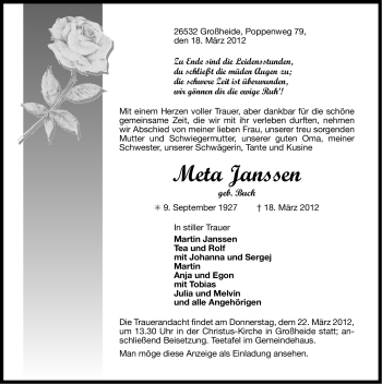 Traueranzeige von Meta Janssen von Ostfriesischer Kurier
