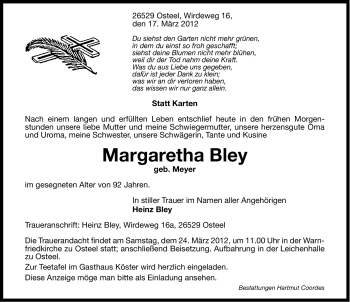 Traueranzeige von Margaretha Bley von Ostfriesischer Kurier