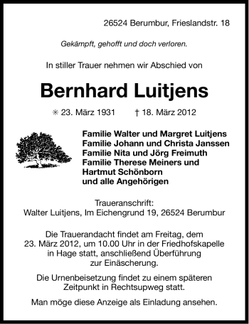 Traueranzeige von Bernhard Luitjens von Ostfriesischer Kurier
