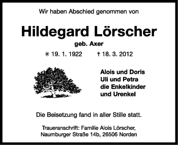 Traueranzeige von Hildegard Lörscher von Ostfriesischer Kurier