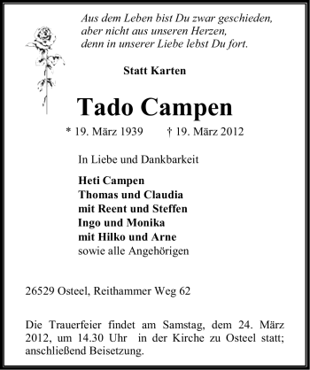 Traueranzeige von Tado Campen von Ostfriesischer Kurier