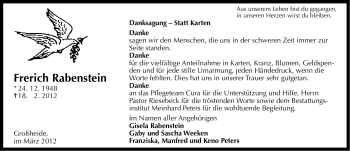 Traueranzeige von Frerich Rabenstein von Ostfriesischer Kurier