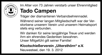 Traueranzeige von Tado Campen von Ostfriesischer Kurier