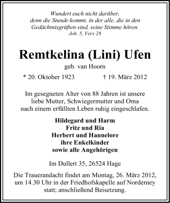 Traueranzeige von Remtkelina Ufen von Ostfriesischer Kurier