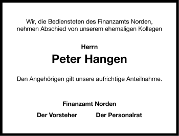 Traueranzeige von Peter Hangen von Ostfriesischer Kurier