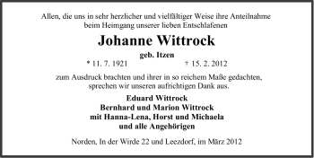 Traueranzeige von Johanne Wittrock von Ostfriesischer Kurier
