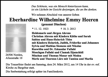 Traueranzeige von Eberhardine Wilhelmine Emmy Heeren von Ostfriesischer Kurier