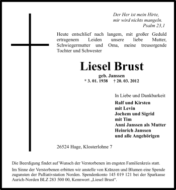 Traueranzeige von Liesel Brust von Ostfriesischer Kurier