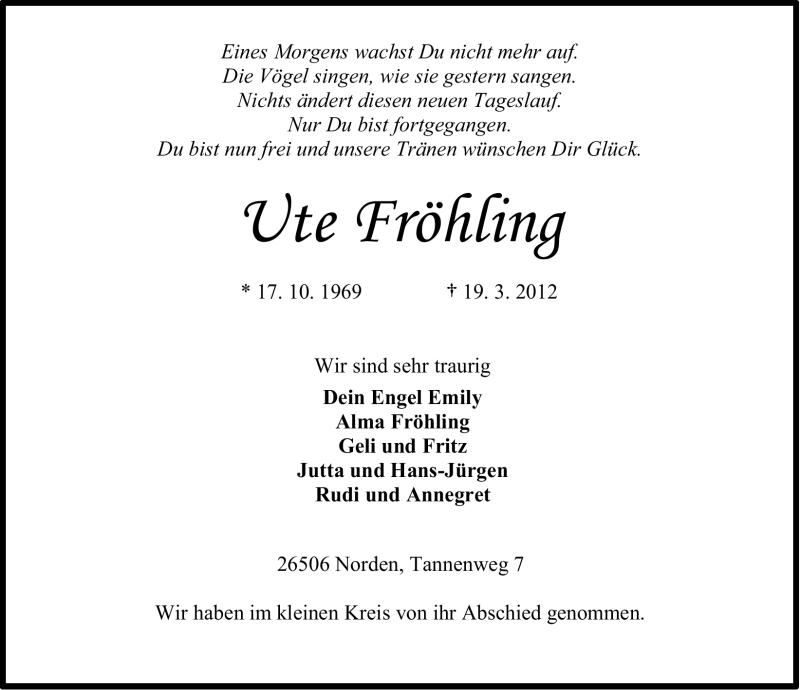 Traueranzeige für Ute Fröhling vom 24.03.2012 aus Ostfriesischer Kurier
