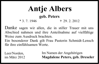 Traueranzeige von Antje Albers von Ostfriesischer Kurier
