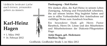 Traueranzeige von Karl-Heinz Tjark Hagen von Ostfriesischer Kurier