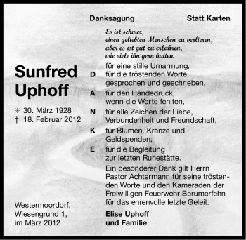 Traueranzeige von Sunfred Uphoff von Ostfriesischer Kurier