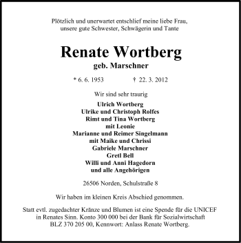 Traueranzeige von Renate Wortberg von Ostfriesischer Kurier