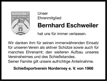 Traueranzeige von Bernhard Eschweiler von Ostfriesischer Kurier
