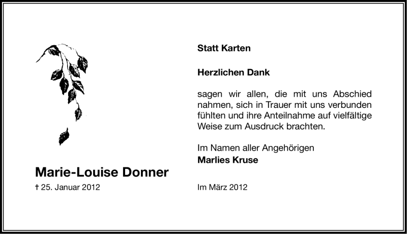  Traueranzeige für Marie-Louise Donner vom 28.03.2012 aus Ostfriesischer Kurier