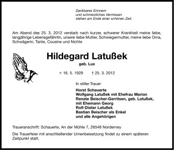 Traueranzeige von Hildegard Latußek von Ostfriesischer Kurier