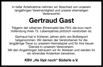Traueranzeige von Gertraud Gast von Ostfriesischer Kurier