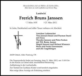 Traueranzeige von Frerich Bruns Janssen von Ostfriesischer Kurier