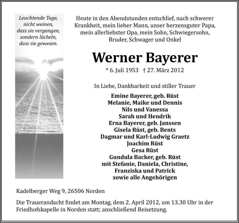  Traueranzeige für Werner Bayerer vom 29.03.2012 aus Ostfriesischer Kurier