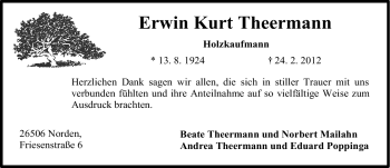 Traueranzeige von Erwin Kurt Theermann von Ostfriesischer Kurier