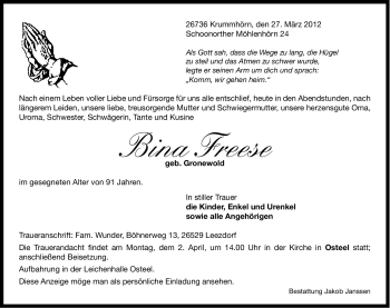 Traueranzeige von Bina Freese von Ostfriesischer Kurier