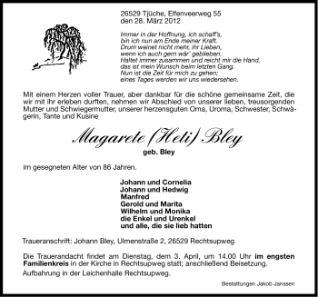 Traueranzeige von Magarete Bley von Ostfriesischer Kurier