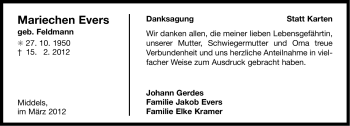 Traueranzeige von Mariechen Evers von Ostfriesischer Kurier