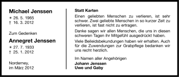 Traueranzeige von Michael Jenssen von Ostfriesischer Kurier