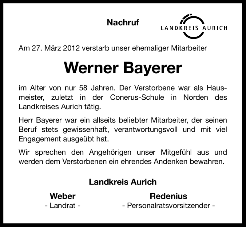  Traueranzeige für Werner Bayerer vom 30.03.2012 aus Ostfriesischer Kurier
