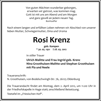 Traueranzeige von Rosi Krenz von Ostfriesischer Kurier