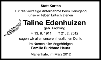 Traueranzeige von Taline Edenhuizen von Ostfriesischer Kurier