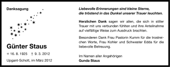 Traueranzeige von Günter Staus von Ostfriesischer Kurier