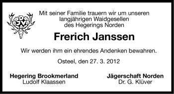 Traueranzeige von Frerich Bruns Janssen von Ostfriesischer Kurier