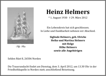 Traueranzeige von Heinz Helmers von Ostfriesischer Kurier