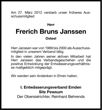 Traueranzeige von Frerich Bruns Janssen von Ostfriesischer Kurier