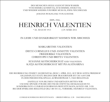 Traueranzeige von Heinrich Valentien von Ostfriesischer Kurier