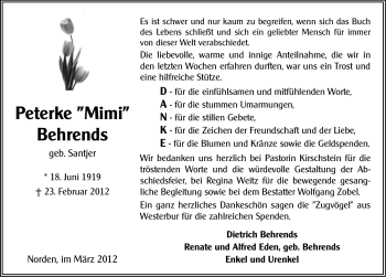 Traueranzeige von Peterke Behrends von Ostfriesischer Kurier