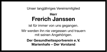 Traueranzeige von Frerich Bruns Janssen von Ostfriesischer Kurier