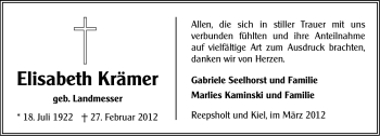 Traueranzeige von Elisabeth Krämer von Ostfriesischer Kurier